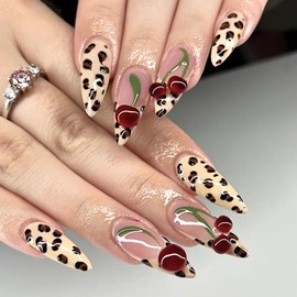 LWTZLW Leopard French Tip Press on Nails 3D Cherry Medium Almond False Nails Brown Leopard Full Cover Glue on Nails French Tip Cherry Oval Acrylic Fake Nails Glossy Artificial Nails Reusable for Women