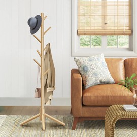 Azaeahom Wooden Coat Rack Stand, Free Standing Coat Rack with 8 Hooks 3 Adjustable Heights for Clothes, Hats, Handbags, Coat Tree Easy Assembly for Entryway, Bedroom, Hallway, Office (New Nature)