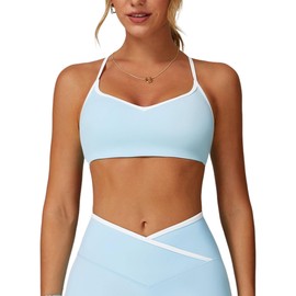 ABOCIW Women's Color Block Sports Bras Adjustable Spaghetti Straps Workout Gym Bra Wireless Yoga Crop Tops Ice Blue X-Large