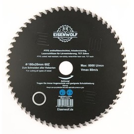 180 x 20 mm Saw Blade, Circular Saw Blade for Wood with 60 Tilted TCT Teeth, PTFE Non-Stick Coating and Laser Cuts for Noise Reduction