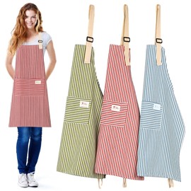 Hwtcjx 3 Pcs Kitchen Aprons for Women, Adjustable Stripe Aprons, Chef Bakers Apron, Unisex Adjustable Bib Apron, Cooking Apron with 2 Pockets for Cooking Baking Gardening (Blue, Red, Green)