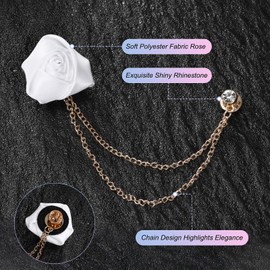 M METERXITY 2-Pack Rose Flower Brooch Pin for Men Suit, Cloth Handmade Flower Lapel Pin with Gold Badge Tassel Chain Brooches for Men Wedding Accessories/Prom/Party [White]