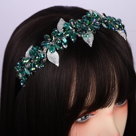 Lenjicons Sparkling Flower Leaf Rhinestone Hair Tiara Bridal Hair Crown Rhinestone Wedding Headband Dainty Flower Rhinestones Headband Bridal Headband for Women (peacock green)