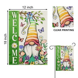 Covido Welcome Spring Summer Gnome Decorative Garden Flag, Daisy Floral Flowers Butterfly Green Rainbow Yard Outside Decorations, Farmhouse Outdoor Small Home Decor Double Sided 12 x 18