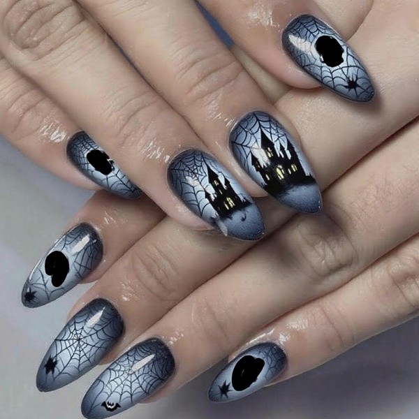 Halloween Press on Nails Medium Almond Fake Nails with Spider