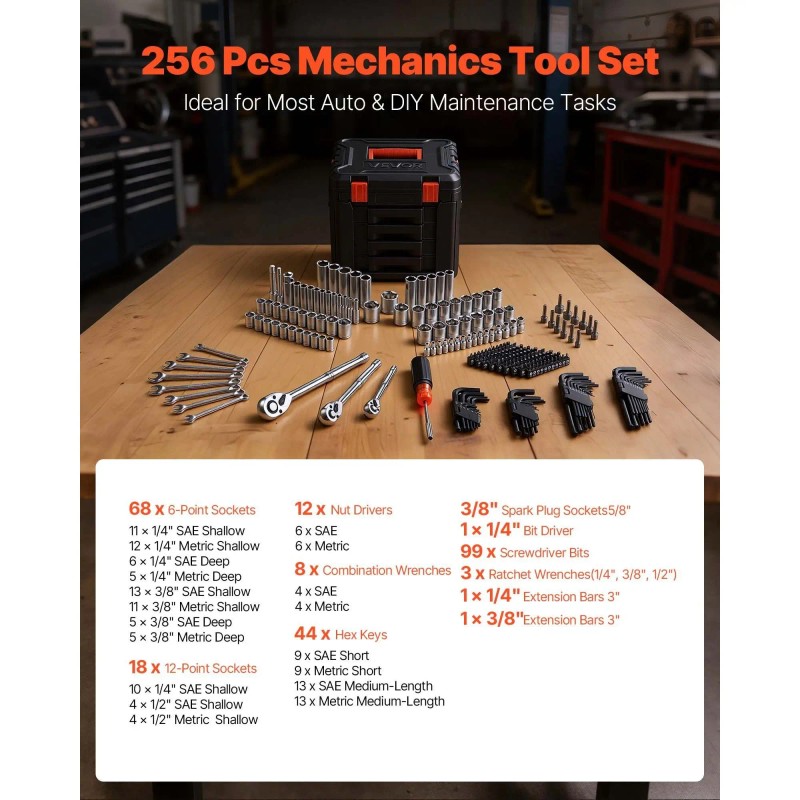 256-Piece Auto Repair Tool Set Mechanics Kit with 1/4" 3/8"