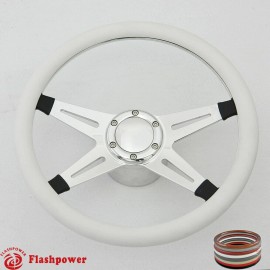 FLASHPOWER 14" Polished Billet Steering Wheel Kit Half Wrap w/ Horn Button&Adapter