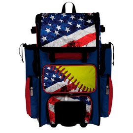 Boombah Rolling Superpack Baseball/Softball Gear Bag - Telescopic Handle - Holds 4 Bats - Wheeled Version - USA Softball Royal Blue/Red/Optic Yellow