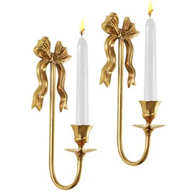 Bolifish Vintage Gold Bow Candle Holders Set of 2, Solid Brass Wall Mounted Tapered Candle Sconce, Candle Holder Wall Decor for Living Room, Bedroom and Hallway