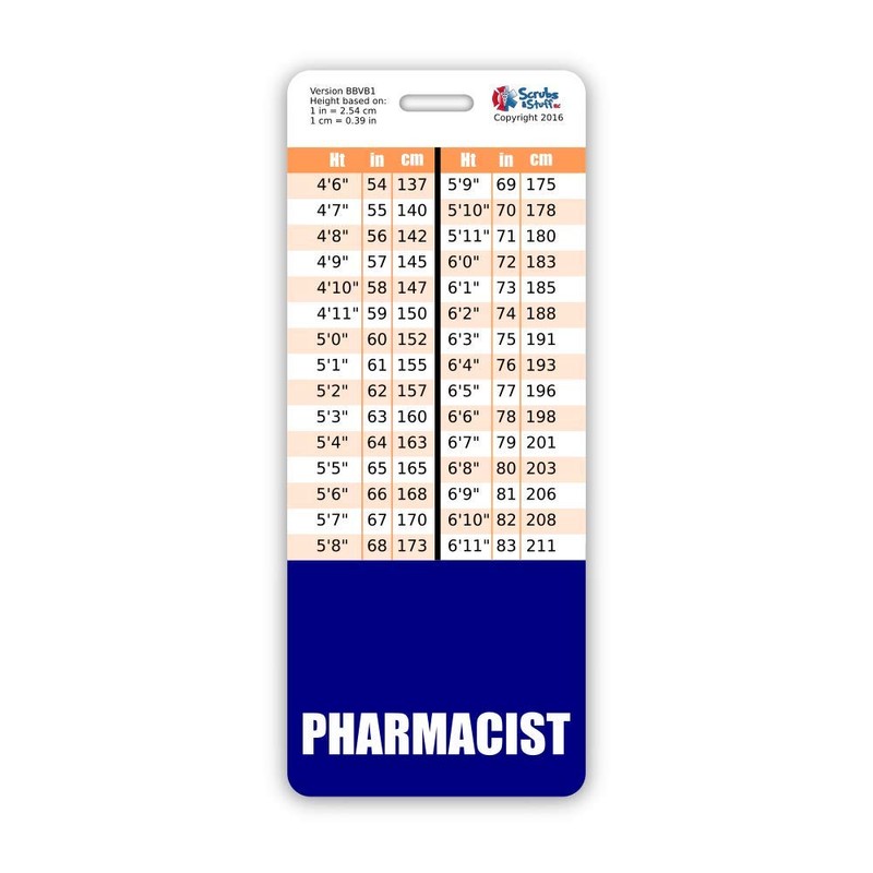 Pharmacist Badge Buddy Vertical w/Height & Weight Conversion Charts (Oversized,