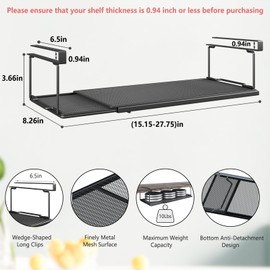 SHINEWON Expandable Under Cabinet Shelf, Extendable Under Shelf Storage with 6.5 Inches Long Clips for Pantry Cabinet, Laundry Room, Shoe Shelf. (Black, 2 Pack, Interior: 3.66" H x 8.26" D)