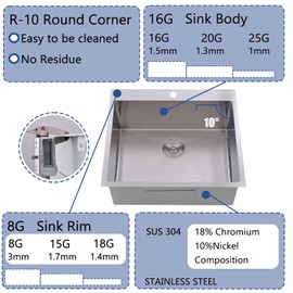 25 x 22 Inch Drop In Kitchen Sink, Topmount Stainless Steel Brushed Nickel Single Bowl Kitchen Sink, Extra-thick 16 Gauge For RV Laundry Utility with Dish Grid and Basket Strainer