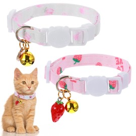 Tyqour 2pcs Pink Cute Cat Collars for Girl Cats Kitten Collar with Bell Small Cats Collars with Strawberries Heart Adjustable Cat Collar for Girl Little Puppy Dog