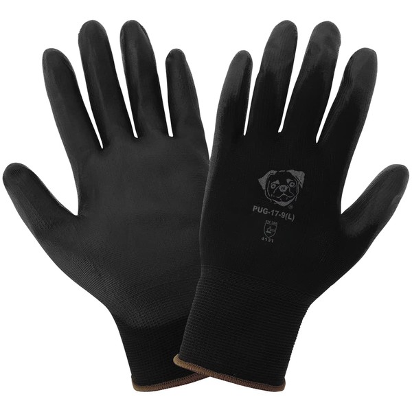 Global Glove PUG-17-L-12 Gloves Black Nylon, Black Polyurethane Coated Palm. Large. 12 Pair/Pkg
