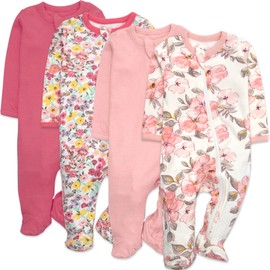 Baby Essentials Girls 4 Piece Patterned and Solid Pack Footies (Girls 4 Piece Pink Floral & Solid Pack, 9 months)