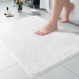 LOCHAS Luxury Bathroom Rug Shaggy Bath Mat 24 x 17 Inch, Washable Non Slip Bath Rugs for Bathroom Shower, Soft Plush Chenille Absorbent Carpets Mats, White