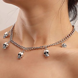 Inateannal Goth Skull Pendant Necklace Silver Skull Skeleton Necklace Skull Tassel Bone Necklace Skeleton Dangle Choker Necklace Jewelry for Women and Girls