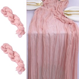 2pcs Long Cheesecloth Table Runner, 35 x 118 Inch Pink Boho Gauze Table Runner for Wedding, Round Table, Party