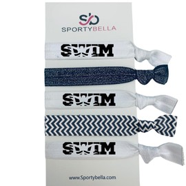 Swim Hair Ties Set – 5pc No-Crease Elastic Ponytail Holders with SWIM and Chevron Designs, Black Glitter Band, Accessories for Girls, Swimmers, Teams, or Meet Day Gifts (black)