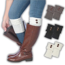 Tipi Toe Women's 3 Pairs Timeless Black Grey White with 2 Brown Button Highlights Knitted Leg Warmer Boot Topper Cuffs, One Size, LW30-3-T1