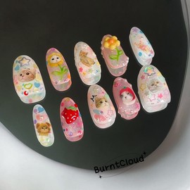 168 "Crazy Cats" Kawaii Cute Kitty Strawberry Y2K Press on Nails | Custom Hand-painted Nails | Coffin Nails /Fake Nails/ Stick on Nails - Color: S, size: Extra Long Coffin