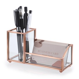 Hipiwe Glass Business Card Holder Stand Metal Pen Pencil Storage Holder for Desk Clear Business Card Display Organizer Case for Office Home Desktop,Rose Gold