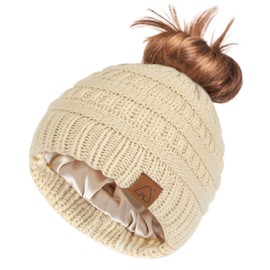 Hat Hut Satin Lined Beanie Hat for Women Silk Lined Winter Hat for Curly Hair Ponytail Beanie Messy Bun Knit Skull Cap (Oatmeal)