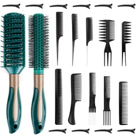 22 Pieces Hair Brush Set, Anti Static Massage Hair Comb, Round Brush Detangle Hair Brush and Combs Wet Dry Brush for Women Men Green, Add Shine