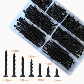Ymass 500pcs M4 High Hardness Drywall Screws Assortment Kit, Self-Tapping Screws, Black Wood Screws,Coarse Thread, Phillips Drive,Flat Head,Countersunk Screws Assortment, Screws Set, 7 Sizes