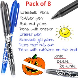 8 Erasable Pens Black Blue, Rub Out Pens Ink Eraser Pen with Rubber, Friction Pens with Rubbers on the End, 0.5mm Erasable Gel Pens for Writing Adults Kids Stationary Supplies Back to School Supplies