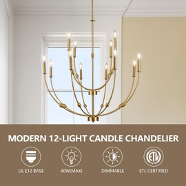 ACANER 12-Light Brushed Gold Large Chandeliers for High Ceilings, 35 inch Candle Style Rustic Pendant Light Fixture for Entryway Living Room Foyer