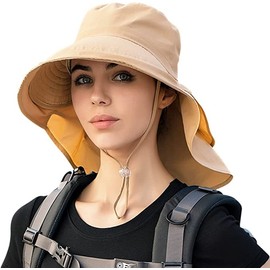 NEWKIBOU Sombrero de Sol para Mujer con UPF50+ | Plegable y Ajustable | Protección Cuello y Cola de Caballo | Sombrero Ancho para Playa, Senderismo, Viajes | Incluye Cordón Antiviento (Caqui)