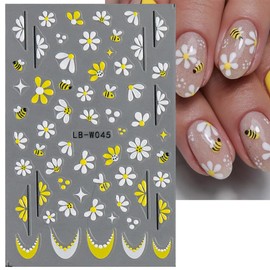 Summer Flower Nail Stickers for Nail Art Red Strawberry Nail Art Stickers Design Daisy Heart Bee French Tip Nail Decals Self-Adhesive Embossed Cute Nail Decoration Supplies for Women 4 Sheets