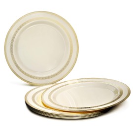 " OCCASIONS " 360 Pcs set (60 guest) Wedding Disposable Plastic Plate and Silverware Combo 10.5" + 7.5" + Silverware (Double Fork) (Lace in Ivory & Gold Plates, Gold Silverware)