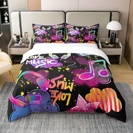 jejeloiu Music Duvet Cover 100% Cotton,Soft Headphones Square Bedspread Cover,Grunge Art Musical Theme Colorful Bedding Sets,Queen Size1 Panel