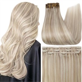 Full Shine Blonde Clip in Hair Extensions Real Human Hair Ash Blonde Highlight Platinum Blonde Natural Hair Extensions Invisible Clip ins for Women Hairpiece 3Pcs 12 Inch