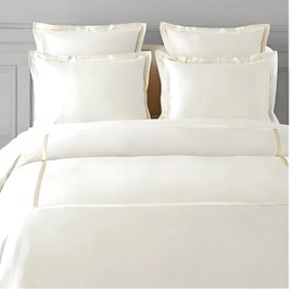 BEDLAM Percale Duvet Cover Full/Queen Size - Luxurious 400 Thread Count 3 Pieces Prewashed Extra Soft Bedding Set, Includes 1 Cream Duvet Cover with White Border & 2 Cotton Shams