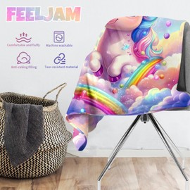 FEELJAM Children's Cuddly Blanket Unicorn for Girls, Flannel Children's Blanket, Sofa Blanket, Unicorn Blanket with Colourful Clouds, 130 x 150 cm
