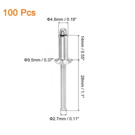 sourcing map 100Pcs 3/16" x 1/2" 304 Stainless Steel Countersunk Blind Rivet, Open-End Type Blind Rivets for DIY, Sheet Metal, Automotive Repairs, Furniture, Boat, and Duct Work (Silver)
