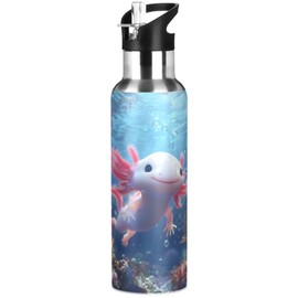 Adorable Ocean Animal Axolotl Water Bottle Kids Insulated Sports Vacuum Stainless Steel Mug with Straw Lid & Handle 20 oz