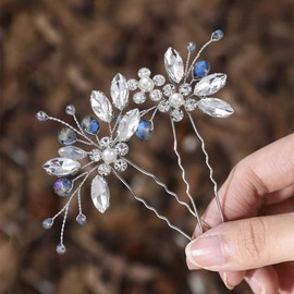 Belasa Bride Flower Wedding Hair Pins Crystal Headpiece Pearl Silver Hair Accessories for Women and Girls