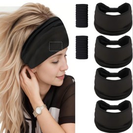 Luuao 4 Pack Black Non-Slip Wide Headbands for Women, Sweat-Wicking Yoga Headbands, Soft Stretch Cotton Workout Bandanas for Running Gym, 20 Hair Ties, Fashion Turban & Sports Headbands.Color 1