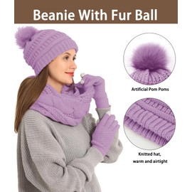 Double Couple 3pcs Winter Beanie Hat Scarf and Touch Screen Gloves Set for Women Knit Hat with Faux Fur Ball Scarves Glove