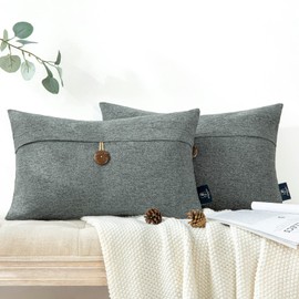 Phantoscope Pack of 2 Farmhouse Throw Pillow Covers Premium Coconut Button Vintage Linen Solid Decorative Pillow Cover for Couch Bed and Chair Gray 12 x 20 inches 30 x 50 cm