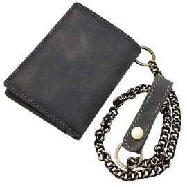 myledershop Buffalo Full Leather Biker Wallet with Metal Chain with Skull Motif with RFID & NFC Blocking (Grey)