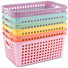 gisgfim 6 Pack Medium Plastic Book Baskets 11 × 7.5 × 4.5 inches Classroom Storage Baskets for Papers Book Storage Plastic Baskets Versatile Storage Solution for Classroom HOM and Office (Pastel)