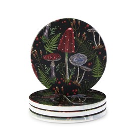 Vibiliyou A Set of 4 Cute Vintage Mushroom Coasters,Crafted from Absorbent Ceramic in a Boho Cottagecore Design Featuring Botanical Fern Patterns in Red and Black,Perfect for Protecting Wooden Tables