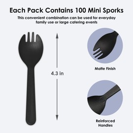 Mini Plastic Sporks Disposable Individually Wrappe, Black Forks and Spoons 2 in 1 Small Utensils 4.3" 100 PCS