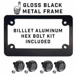 CCP Custom Parts Black Metal License Plate Frame & Hex Tag Bolt Kit - GREY HOT ROD FLAMES
