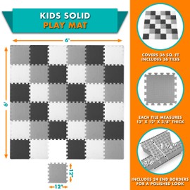 ProSource Foam Puzzle Floor Play Mat for Kids and Babies with Solid Colors, 36 or 16 Interlocking Tiles with Borders, Black/Grey/White
